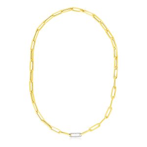 14k Yellow Gold Paperclip Chain Necklace with Diamond Link