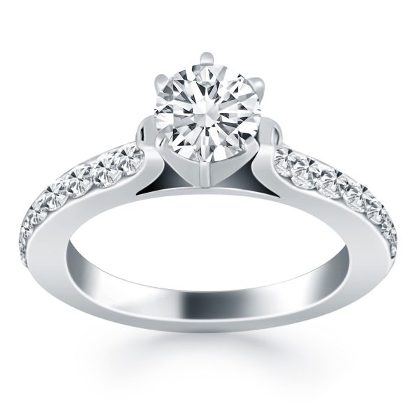 14k White Gold Curved Shank Engagement Ring with Pave Diamonds