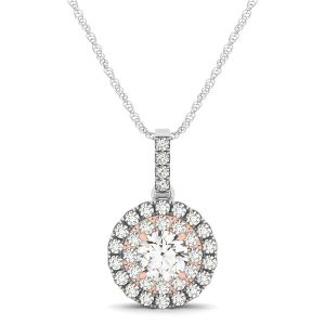 Round Shape Halo Diamond Pendant in 14k White and Rose Gold (1/2 cttw)